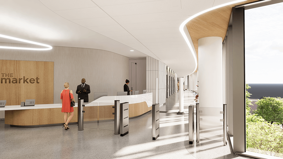 An interior rendering of the UPMC Presbyterian expansion sky lobby's northern security point.